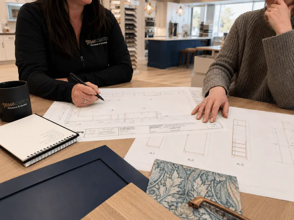 True Custom team member reviewing cabinetry plans and finish samples with a client